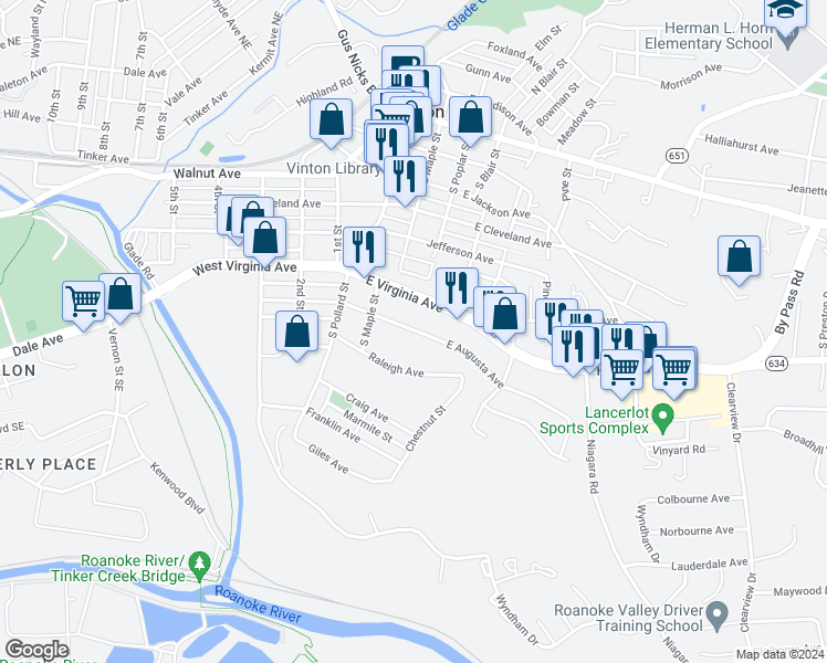 map of restaurants, bars, coffee shops, grocery stores, and more near 311 East Augusta Avenue in Vinton