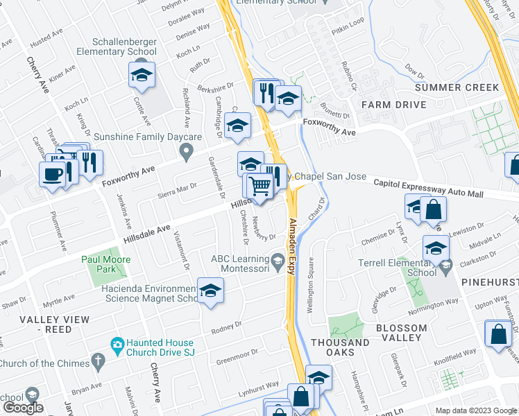 map of restaurants, bars, coffee shops, grocery stores, and more near 1190 Hillsdale Avenue in San Jose