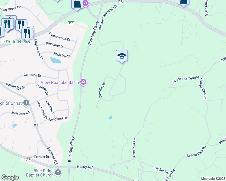 map of restaurants, bars, coffee shops, grocery stores, and more near 1236 Chestnut Mountain Drive in Vinton