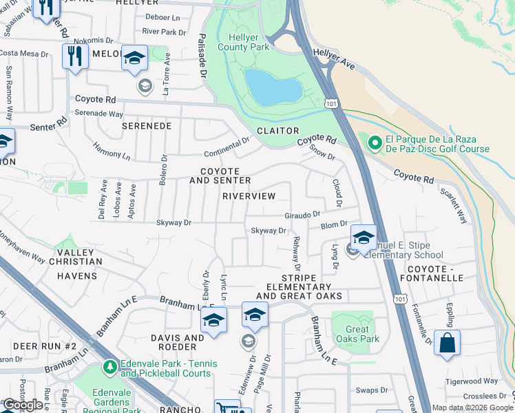 map of restaurants, bars, coffee shops, grocery stores, and more near 560 Giraudo Drive in San Jose