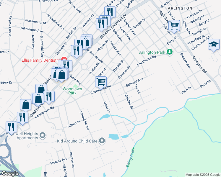 map of restaurants, bars, coffee shops, grocery stores, and more near 1400 Peterson Mill Road in Hopewell