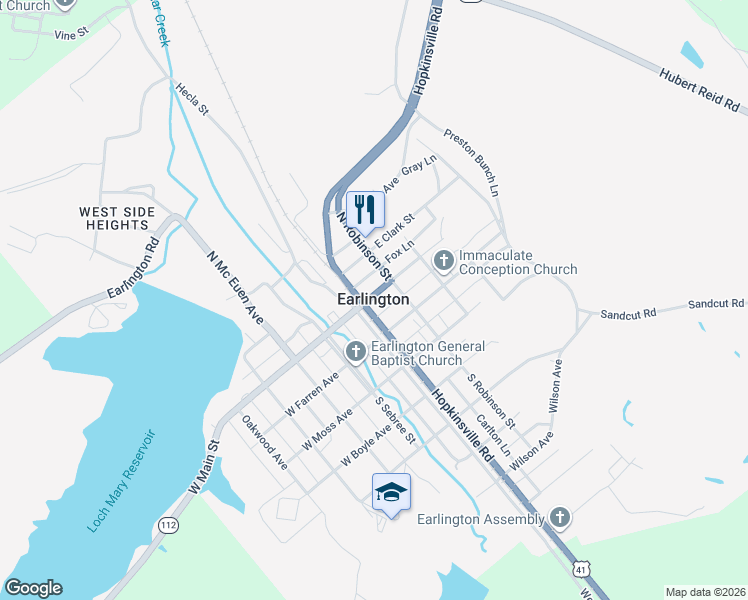 map of restaurants, bars, coffee shops, grocery stores, and more near in Earlington