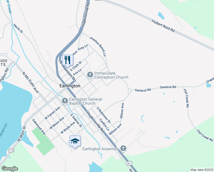 map of restaurants, bars, coffee shops, grocery stores, and more near 501 Dake Street in Earlington