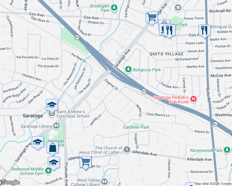 map of restaurants, bars, coffee shops, grocery stores, and more near 13408 Christie Drive in Saratoga