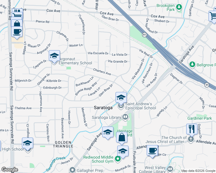 map of restaurants, bars, coffee shops, grocery stores, and more near 19726 Glen Brae Drive in Saratoga