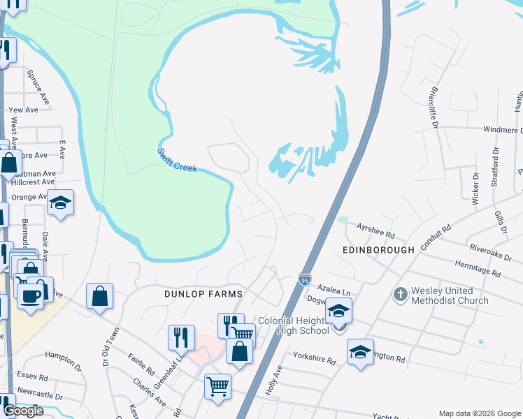 map of restaurants, bars, coffee shops, grocery stores, and more near 114 Gilcreff Place in Colonial Heights
