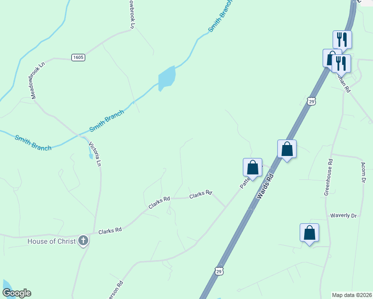 map of restaurants, bars, coffee shops, grocery stores, and more near 265 Clarks Road in Rustburg