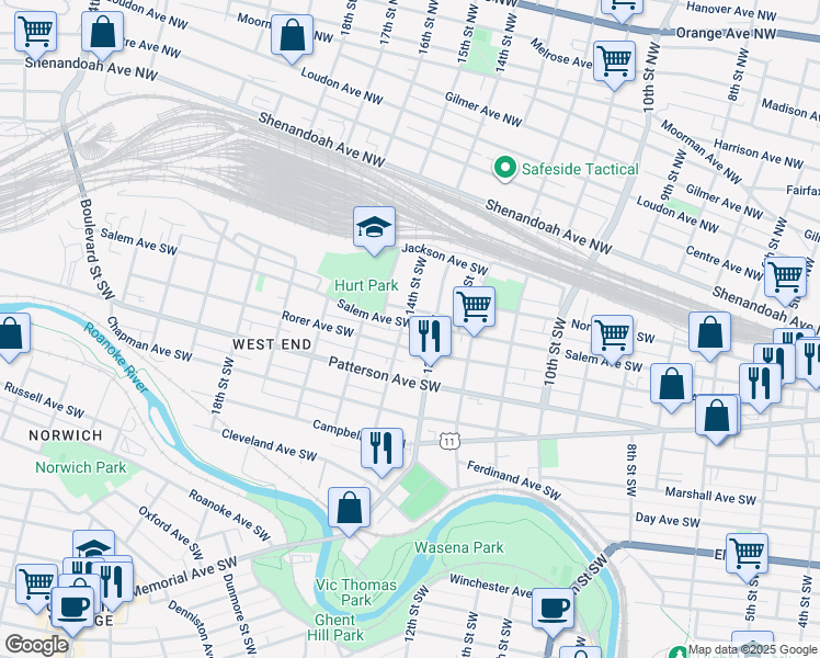 map of restaurants, bars, coffee shops, grocery stores, and more near 1318 Salem Avenue Southwest in Roanoke