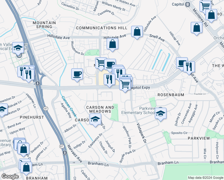 map of restaurants, bars, coffee shops, grocery stores, and more near 514 Lanfair Circle in San Jose