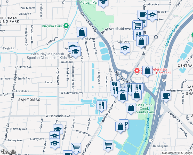 map of restaurants, bars, coffee shops, grocery stores, and more near 875 Emory Avenue in Campbell