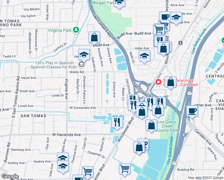 map of restaurants, bars, coffee shops, grocery stores, and more near 875 Emory Avenue in Campbell