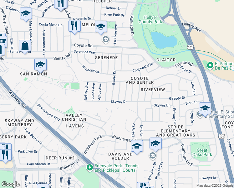 map of restaurants, bars, coffee shops, grocery stores, and more near 4655 Paloma Avenue in San Jose