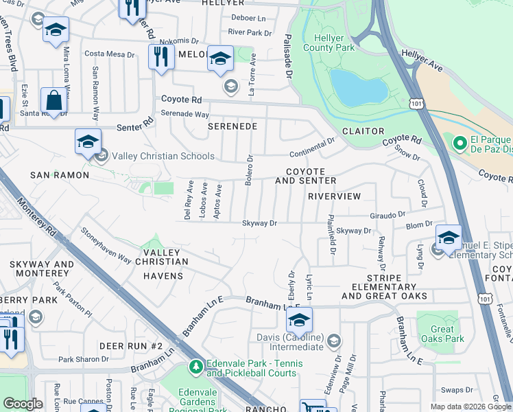 map of restaurants, bars, coffee shops, grocery stores, and more near 4655 Paloma Avenue in San Jose