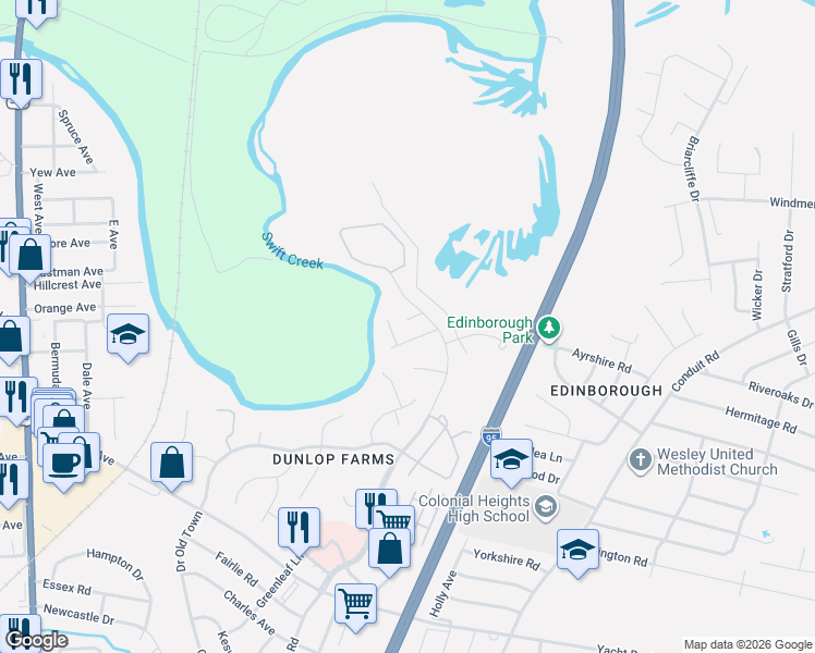 map of restaurants, bars, coffee shops, grocery stores, and more near 114 Gilcreff Place in Colonial Heights