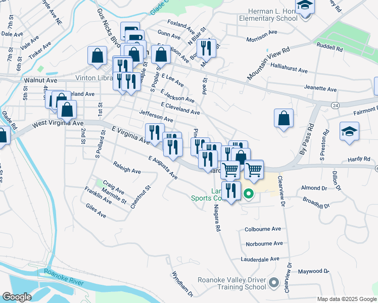 map of restaurants, bars, coffee shops, grocery stores, and more near 617 East Virginia Avenue in Vinton