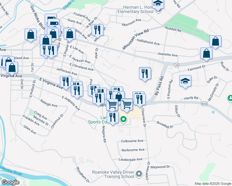map of restaurants, bars, coffee shops, grocery stores, and more near 913 Cottage Avenue in Vinton