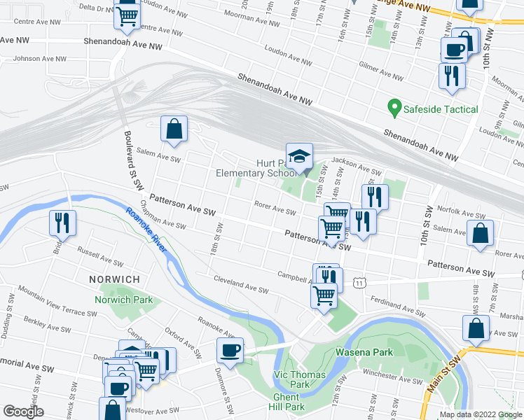 map of restaurants, bars, coffee shops, grocery stores, and more near 1618 Rorer Avenue Southwest in Roanoke
