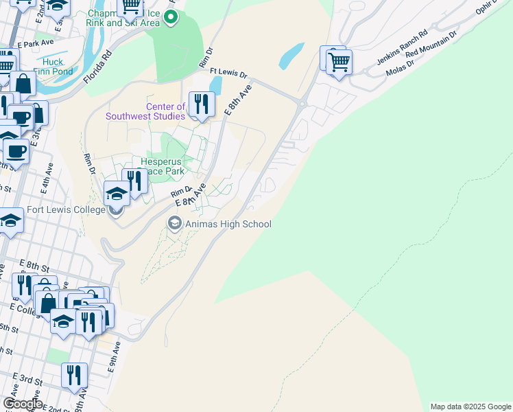 map of restaurants, bars, coffee shops, grocery stores, and more near 756 County Road 238 in Durango