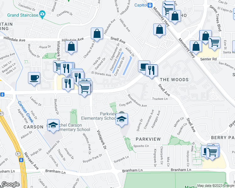 map of restaurants, bars, coffee shops, grocery stores, and more near 3923 Vista Roma Way in San Jose