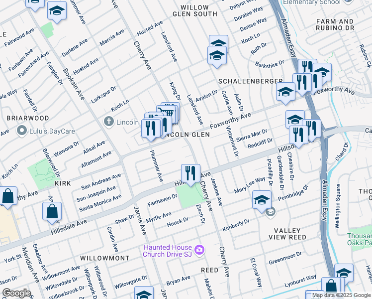 map of restaurants, bars, coffee shops, grocery stores, and more near 3012 Cherry Avenue in San Jose