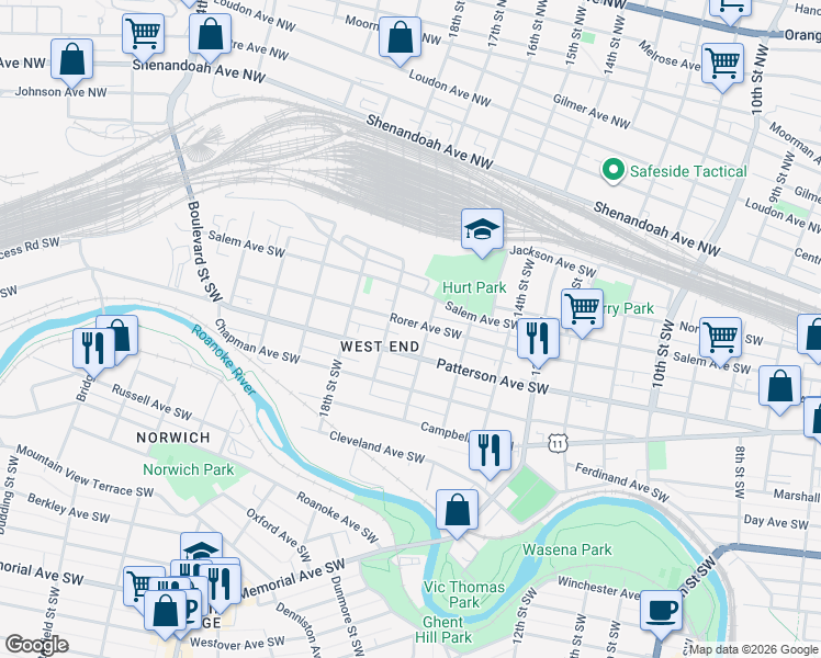 map of restaurants, bars, coffee shops, grocery stores, and more near 1610 Salem Avenue Southwest in Roanoke