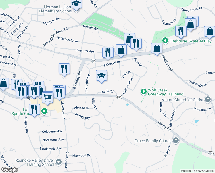 map of restaurants, bars, coffee shops, grocery stores, and more near 1200 Hardy Road in Vinton