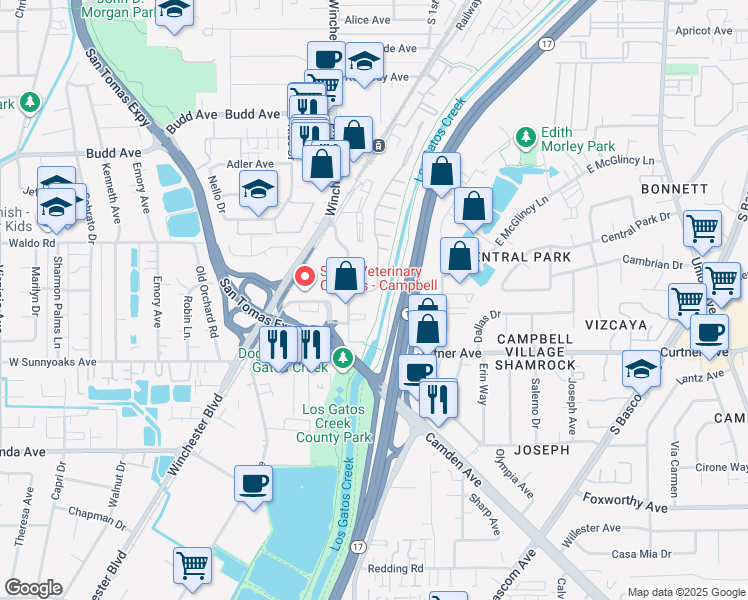 map of restaurants, bars, coffee shops, grocery stores, and more near 870 Camden Avenue in Campbell