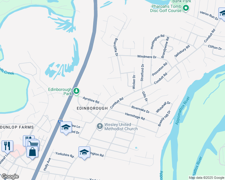 map of restaurants, bars, coffee shops, grocery stores, and more near 104 East Perthshire Court in Colonial Heights