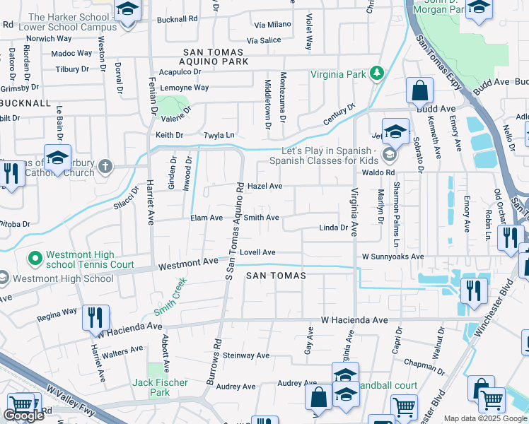 map of restaurants, bars, coffee shops, grocery stores, and more near 1165 Smith Avenue in Campbell