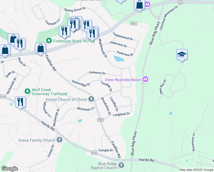 map of restaurants, bars, coffee shops, grocery stores, and more near 618 Landfair Drive in Vinton