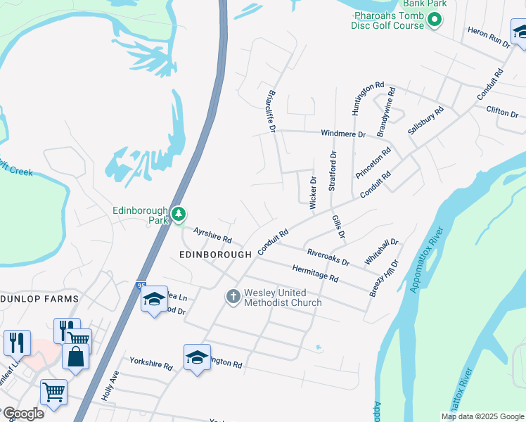 map of restaurants, bars, coffee shops, grocery stores, and more near 104 East Perthshire Court in Colonial Heights