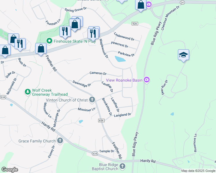 map of restaurants, bars, coffee shops, grocery stores, and more near 618 Landfair Drive in Vinton