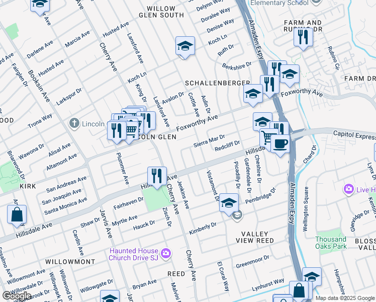 map of restaurants, bars, coffee shops, grocery stores, and more near 1340 Sierra Mar Drive in San Jose