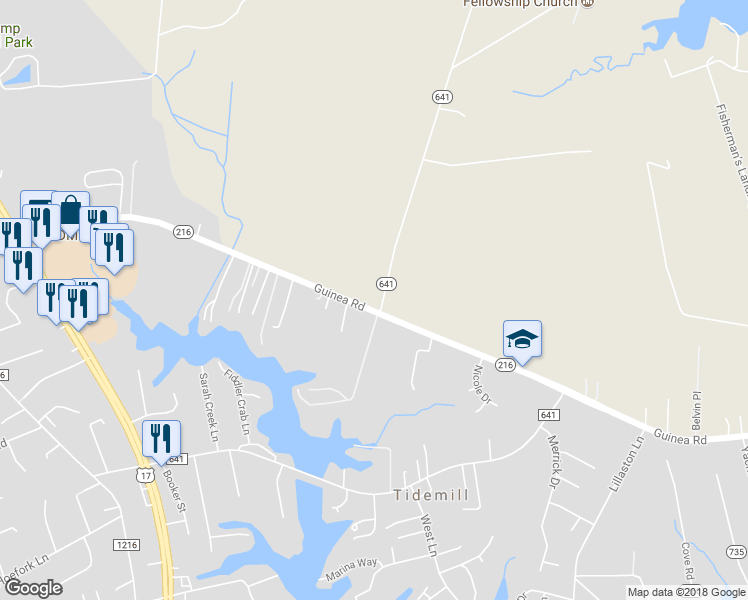 map of restaurants, bars, coffee shops, grocery stores, and more near 7923 Guinea Road in Gloucester County