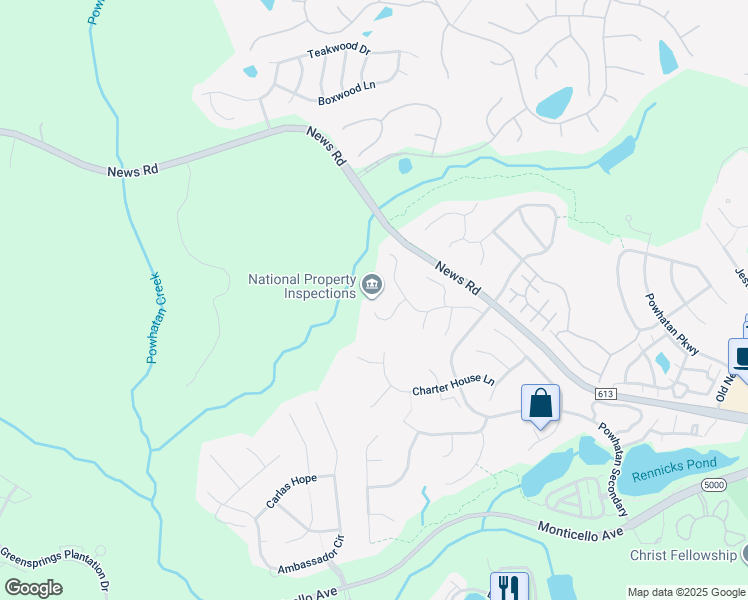 map of restaurants, bars, coffee shops, grocery stores, and more near 107 Oak Ridge Court in Williamsburg