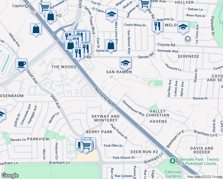 map of restaurants, bars, coffee shops, grocery stores, and more near 4320 Monterey Road in San Jose