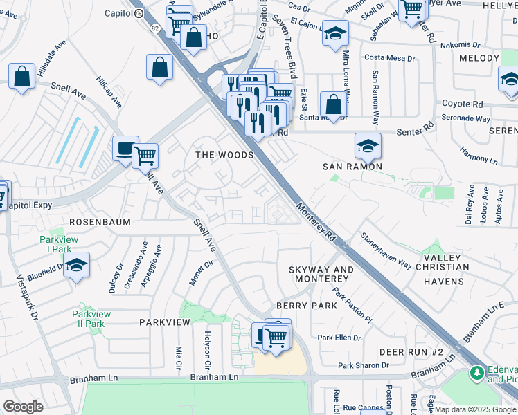 map of restaurants, bars, coffee shops, grocery stores, and more near in San Jose