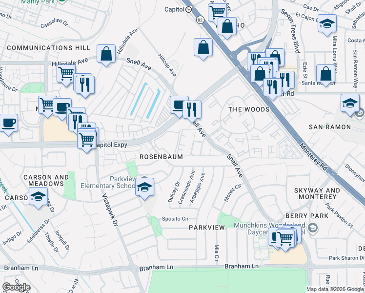 map of restaurants, bars, coffee shops, grocery stores, and more near in San Jose