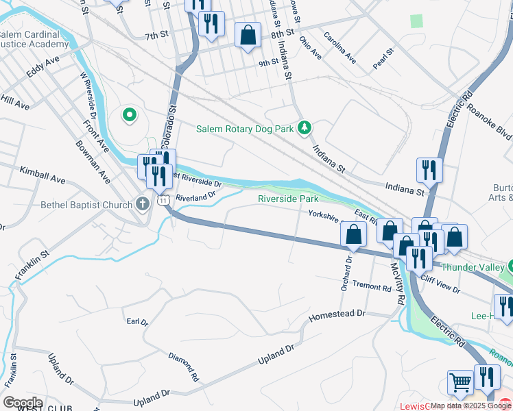 map of restaurants, bars, coffee shops, grocery stores, and more near 550-630 East Riverside Drive in Salem