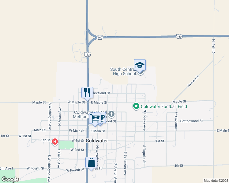 map of restaurants, bars, coffee shops, grocery stores, and more near 306 Cleveland Street in Coldwater