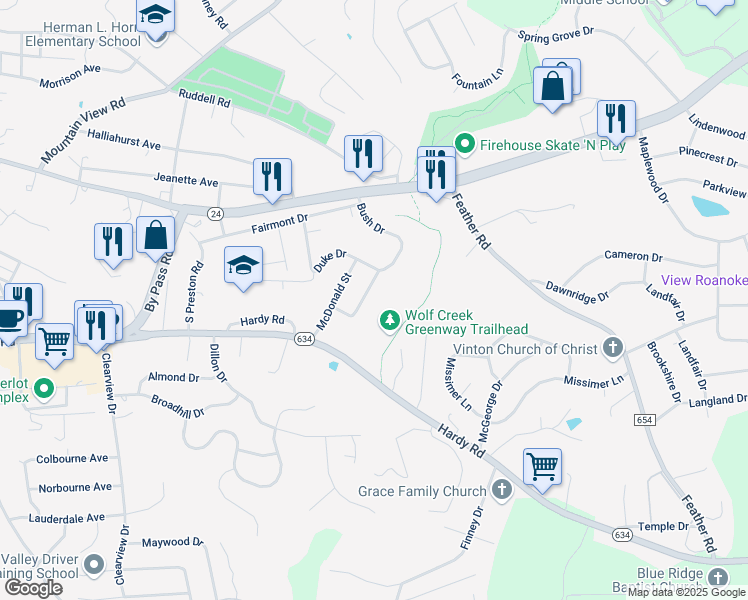 map of restaurants, bars, coffee shops, grocery stores, and more near 420 Bush Drive in Vinton