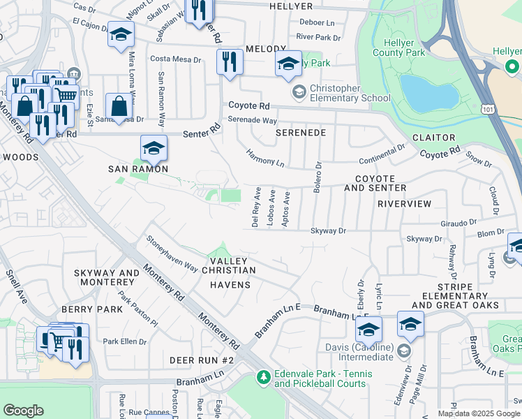 map of restaurants, bars, coffee shops, grocery stores, and more near 4504 Del Rey Avenue in San Jose
