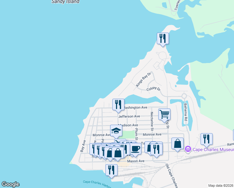 map of restaurants, bars, coffee shops, grocery stores, and more near 107 Sunset Boulevard in Cape Charles