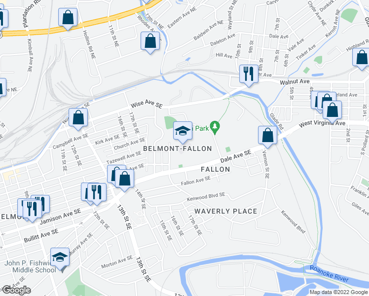 map of restaurants, bars, coffee shops, grocery stores, and more near 502 19th Street Southeast in Roanoke