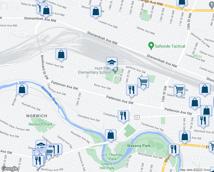 map of restaurants, bars, coffee shops, grocery stores, and more near 1523 Rorer Avenue Southwest in Roanoke