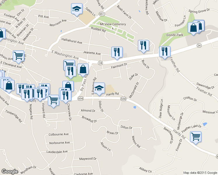 map of restaurants, bars, coffee shops, grocery stores, and more near 1200 Hardy Road in Vinton