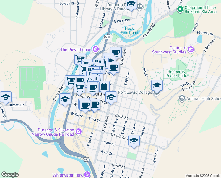 map of restaurants, bars, coffee shops, grocery stores, and more near 1060 East 2nd Avenue in Durango