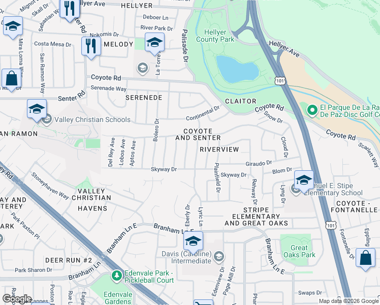 map of restaurants, bars, coffee shops, grocery stores, and more near 4719 Mendoza Avenue in San Jose