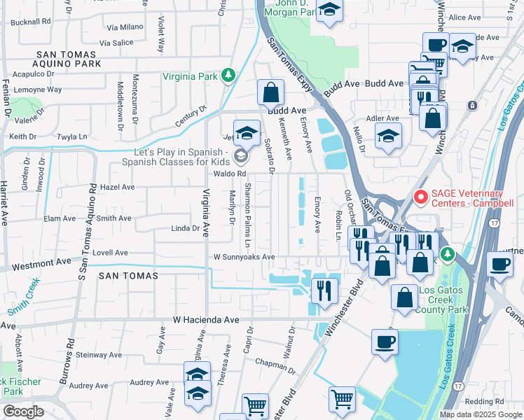 map of restaurants, bars, coffee shops, grocery stores, and more near 608 Gamma Court in Campbell
