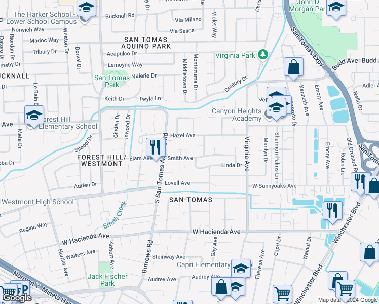 map of restaurants, bars, coffee shops, grocery stores, and more near 1161 Smith Avenue in Campbell